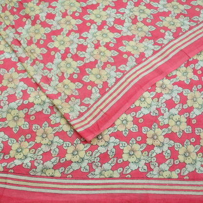 Indian Vintage Sari Ivory & Pink Printed Pure Cotton Saree Craft Fabric 5Yd Soft Sewing Sarong Wrap Boho Floral Dress making Crafting