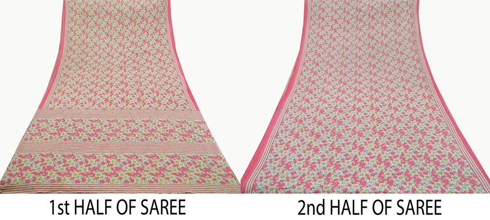 Indian Vintage Sari Ivory & Pink Printed Pure Cotton Saree Craft Fabric 5Yd Soft Sewing Sarong Wrap Boho Floral Dress making Crafting