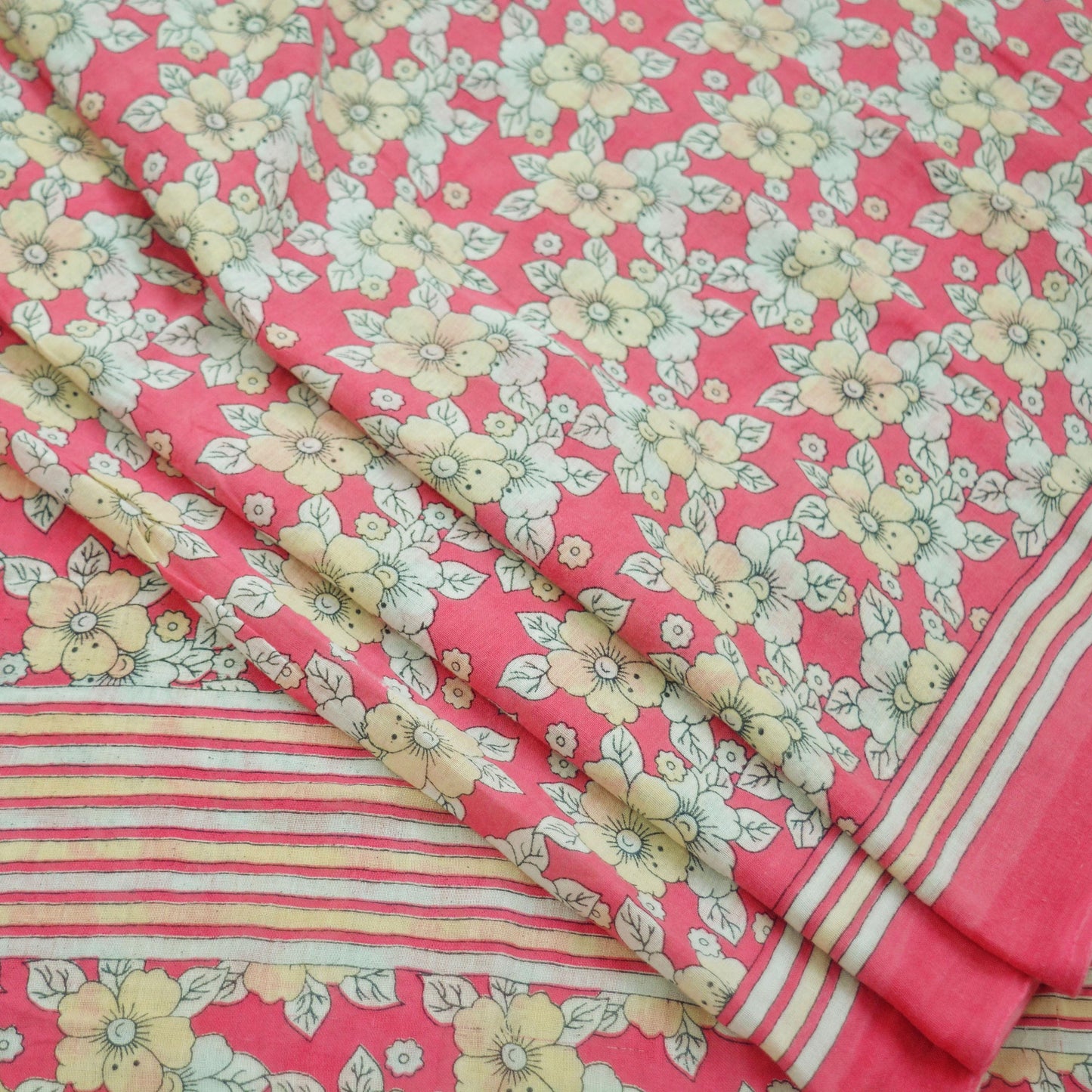 Indian Vintage Sari Ivory & Pink Printed Pure Cotton Saree Craft Fabric 5Yd Soft Sewing Sarong Wrap Boho Floral Dress making Crafting