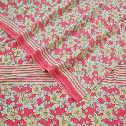 Indian Vintage Sari Ivory & Pink Printed Pure Cotton Saree Craft Fabric 5Yd Soft Sewing Sarong Wrap Boho Floral Dress making Crafting