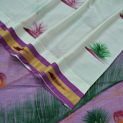 Indian Vintage Sari White Hand Woven Painted Sarees Pure Cotton Craft Fabric 5Yd Floral Soft Dress Making Zari Border Crafting Quilting