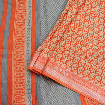 Indian Vintage Sari Ivory & orange Pure Chanderi Cotton Hand Block Printed Sarees 5Yd Craft Fabric Soft Sewing Sarong Dress Making Quilting