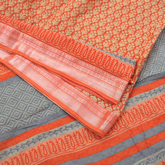 Indian Vintage Sari Ivory & orange Pure Chanderi Cotton Hand Block Printed Sarees 5Yd Craft Fabric Soft Sewing Sarong Dress Making Quilting