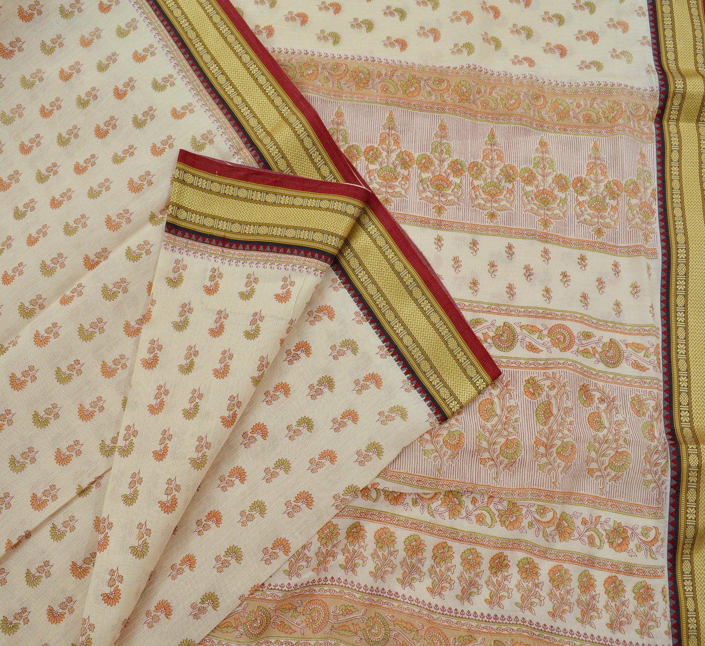 Indian Vintage Sari Ivory Blend Cotton Woven Printed Sarees Craft Fabric 5yd Sewing Soft Dress Designing Crafting Quilting Upcycle