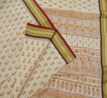 Indian Vintage Sari Ivory Blend Cotton Woven Printed Sarees Craft Fabric 5yd Sewing Soft Dress Designing Crafting Quilting Upcycle