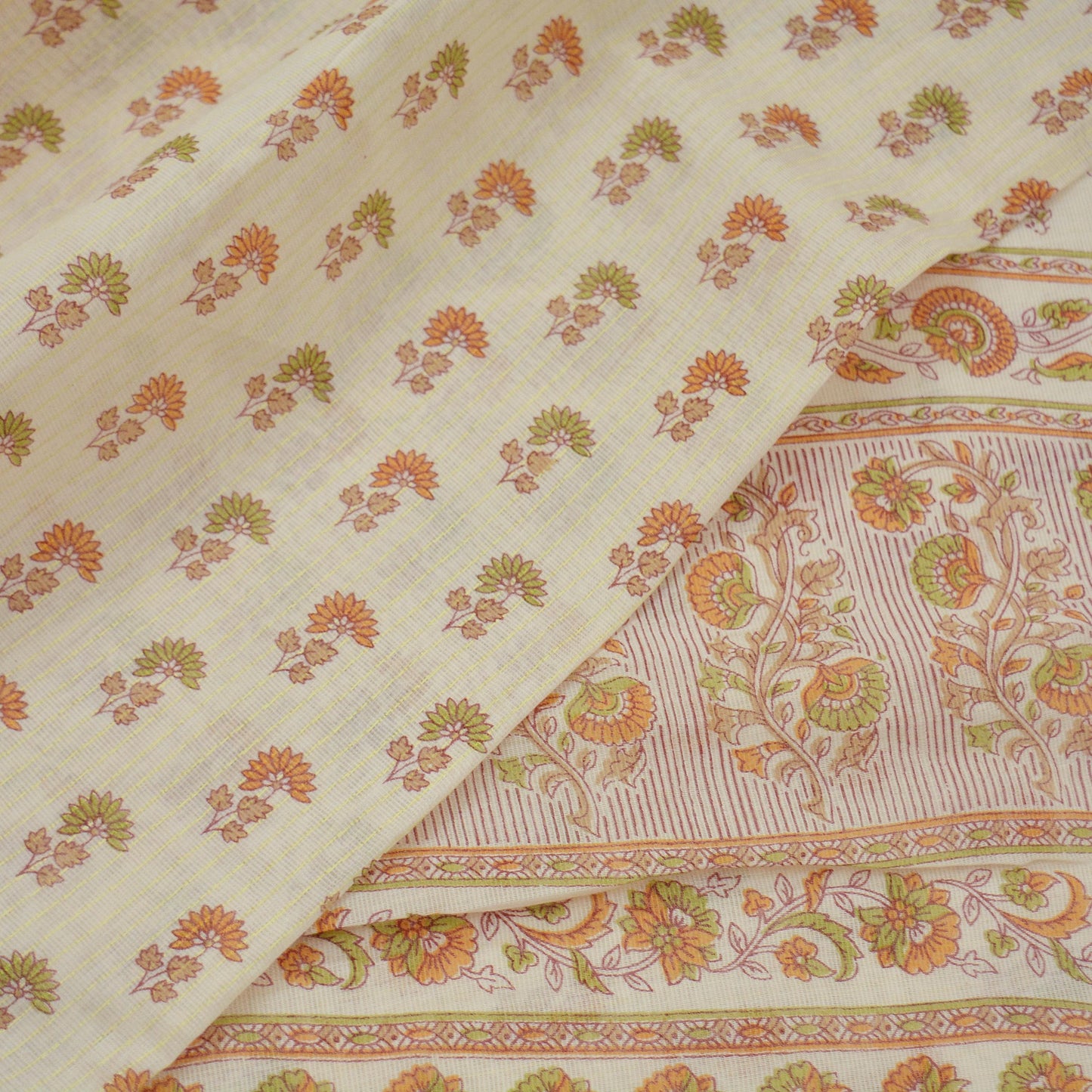 Indian Vintage Sari Ivory Blend Cotton Woven Printed Sarees Craft Fabric 5yd Sewing Soft Dress Designing Crafting Quilting Upcycle