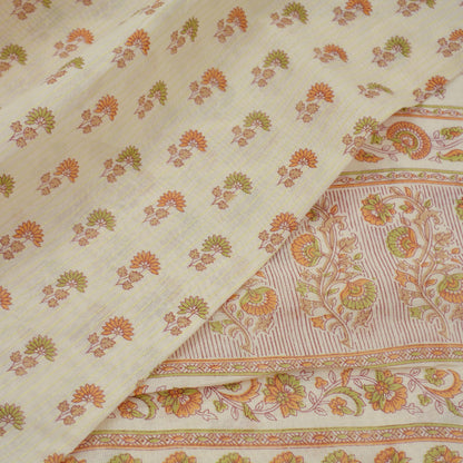 Indian Vintage Sari Ivory Blend Cotton Woven Printed Sarees Craft Fabric 5yd Sewing Soft Dress Designing Crafting Quilting Upcycle
