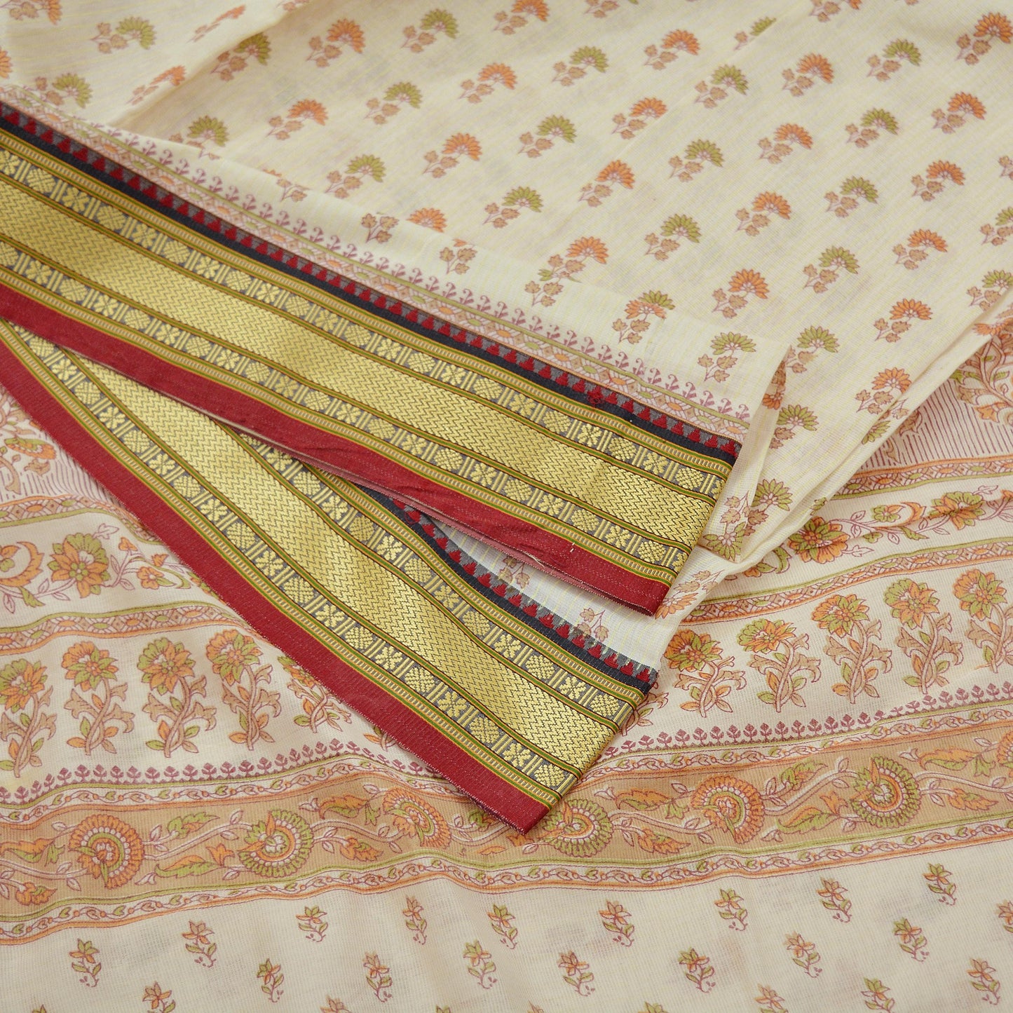 Indian Vintage Sari Ivory Blend Cotton Woven Printed Sarees Craft Fabric 5yd Sewing Soft Dress Designing Crafting Quilting Upcycle