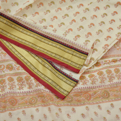Indian Vintage Sari Ivory Blend Cotton Woven Printed Sarees Craft Fabric 5yd Sewing Soft Dress Designing Crafting Quilting Upcycle