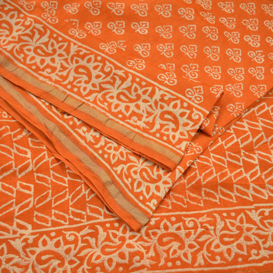 Indian Vintage Sari Orange Pure chanderi Silk Block Printed Sarees Fabric 5Yard Soft Zari Border Floral Dress making bollywood silk sarees