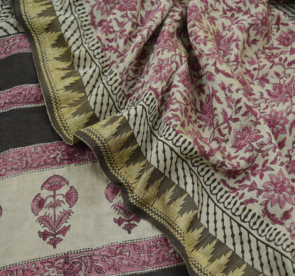 Indian Vintage Sari Cream & Black Pure chanderi Silk Block Printed Saree Craft Fabric 5Yd Soft Zari Border Dress making bollywood silk saree