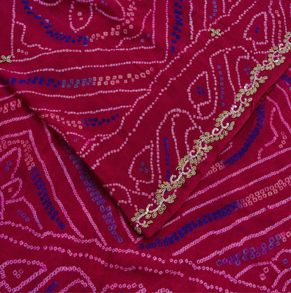 Indian Vintage Pink Saree Pure Silk Hand Embroidered Bandhani Printed Sari Craft Fabric 5yd Soft Zardozi Dress making Quilting Crafting