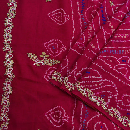 Indian Vintage Pink Saree Pure Silk Hand Embroidered Bandhani Printed Sari Craft Fabric 5yd Soft Zardozi Dress making Quilting Crafting