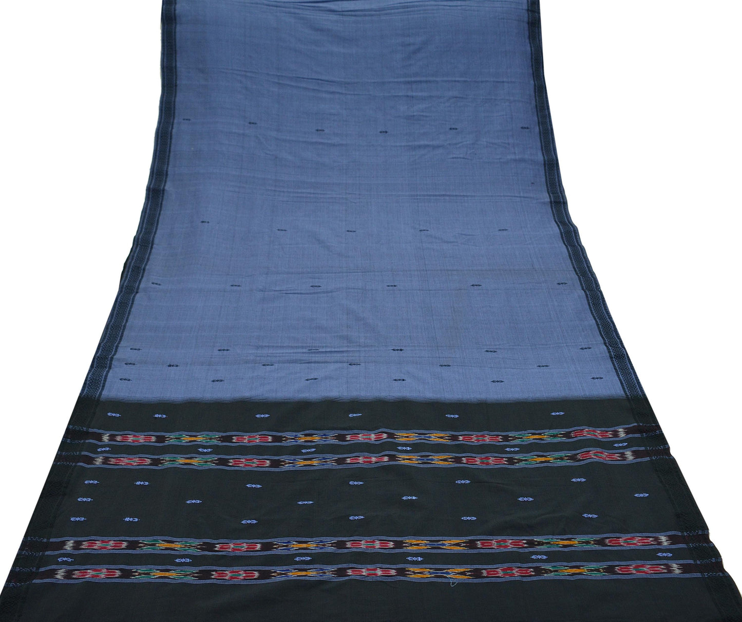 Indian Vintage Sari Blue & Black Hand woven Sambalpuri Ikat Sarees Pure Cotton Craft Fabric 5Yd Ethnic Chackra Border Dress Making Upcycle