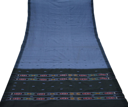 Indian Vintage Sari Blue & Black Hand woven Sambalpuri Ikat Sarees Pure Cotton Craft Fabric 5Yd Ethnic Chackra Border Dress Making Upcycle