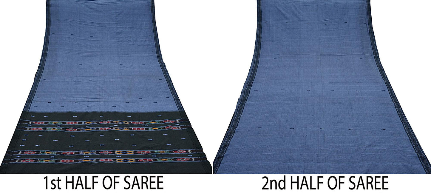 Indian Vintage Sari Blue & Black Hand woven Sambalpuri Ikat Sarees Pure Cotton Craft Fabric 5Yd Ethnic Chackra Border Dress Making Upcycle