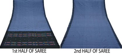 Indian Vintage Sari Blue & Black Hand woven Sambalpuri Ikat Sarees Pure Cotton Craft Fabric 5Yd Ethnic Chackra Border Dress Making Upcycle