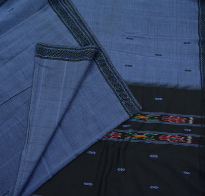 Indian Vintage Sari Blue & Black Hand woven Sambalpuri Ikat Sarees Pure Cotton Craft Fabric 5Yd Ethnic Chackra Border Dress Making Upcycle