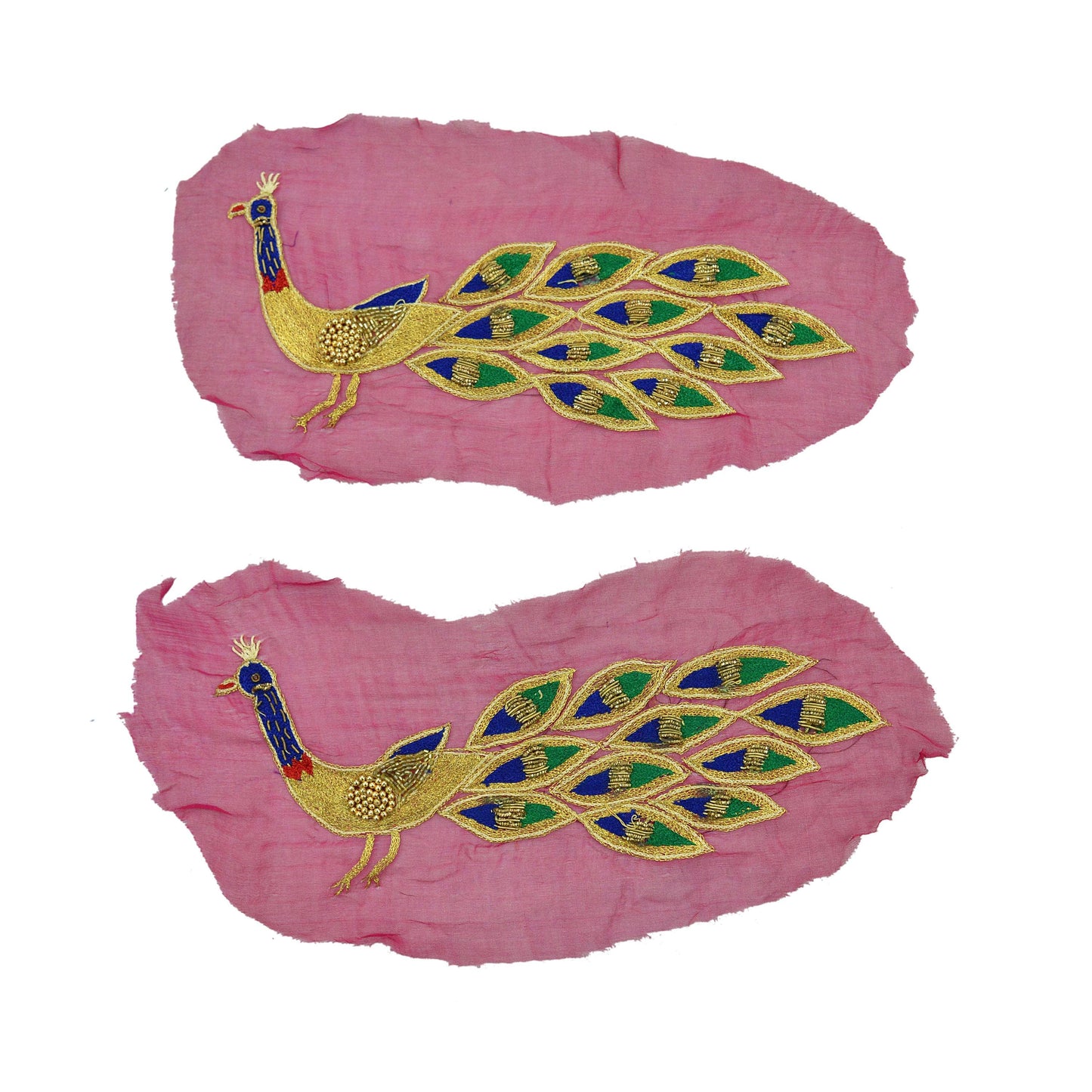 Indian Vintage 2 Pcs Appliques Pink Chiffon Silk Applique VERY OLD ANTIQUE Vintage Embroidered Snippets Remnants Craft Journals Rare Peacock