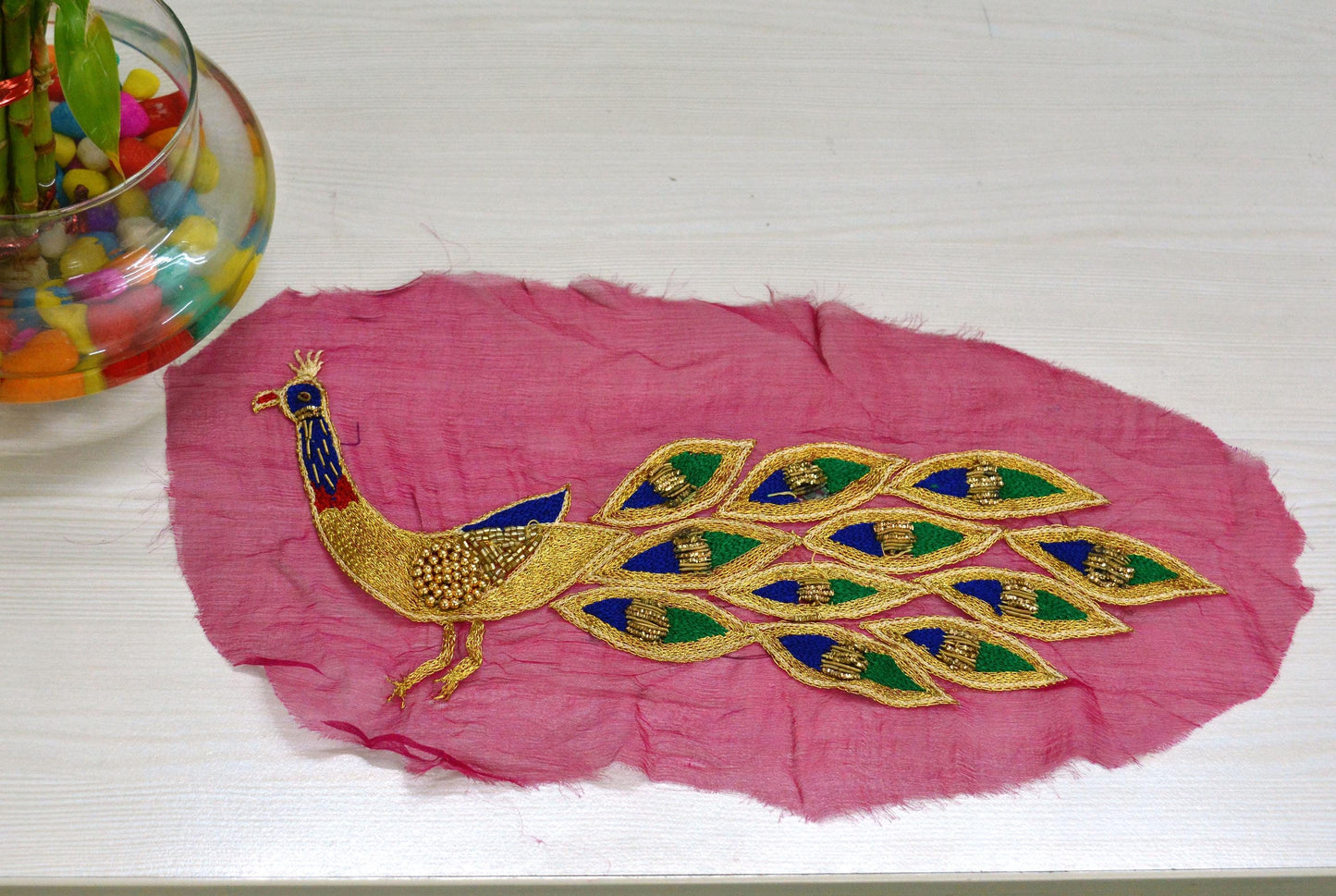 Indian Vintage 2 Pcs Appliques Pink Chiffon Silk Applique VERY OLD ANTIQUE Vintage Embroidered Snippets Remnants Craft Journals Rare Peacock