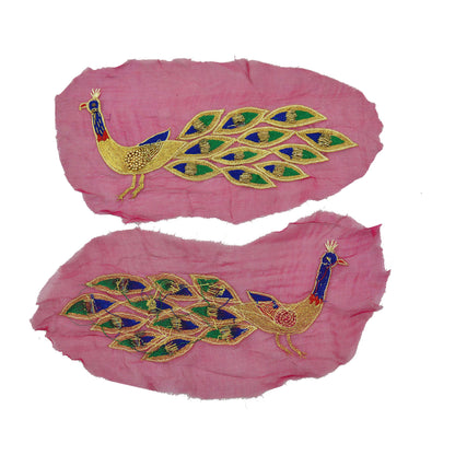 Indian Vintage 2 Pcs Appliques Pink Chiffon Silk Applique VERY OLD ANTIQUE Vintage Embroidered Snippets Remnants Craft Journals Rare Peacock