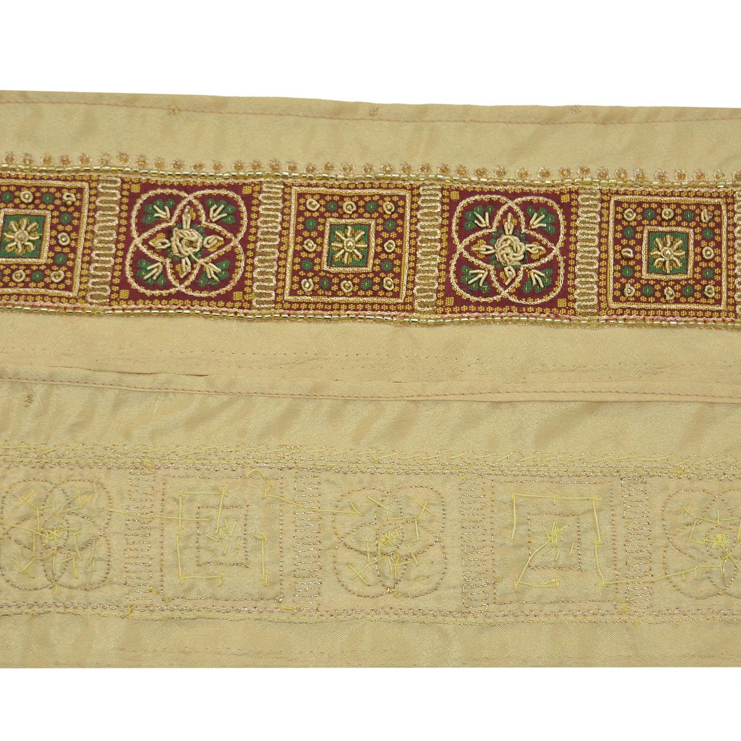 Indian Vintage Henna Beige Sari Border Hand Embroidered Indian Craft Trim Lace Sewing Sari Ribbon Crepe Zardozi/Dabka Zari