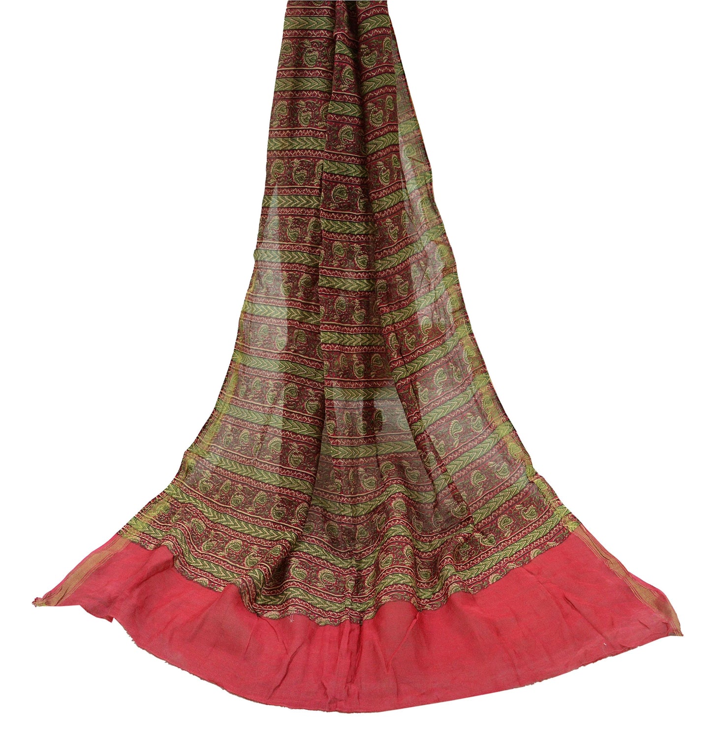 Indian Vintage Pink Dupatta Long Stole Block Print Pure Chanderi Silk Indian Scarves Veil Golden Zari Floral Design For her