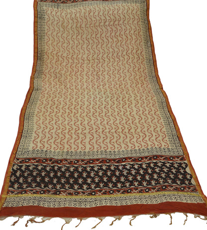 Indian Vintage Black & Beige Dupatta Long Stole Block Print Pure Chanderi Silk Scarves Veil Zari Wrap Hijab