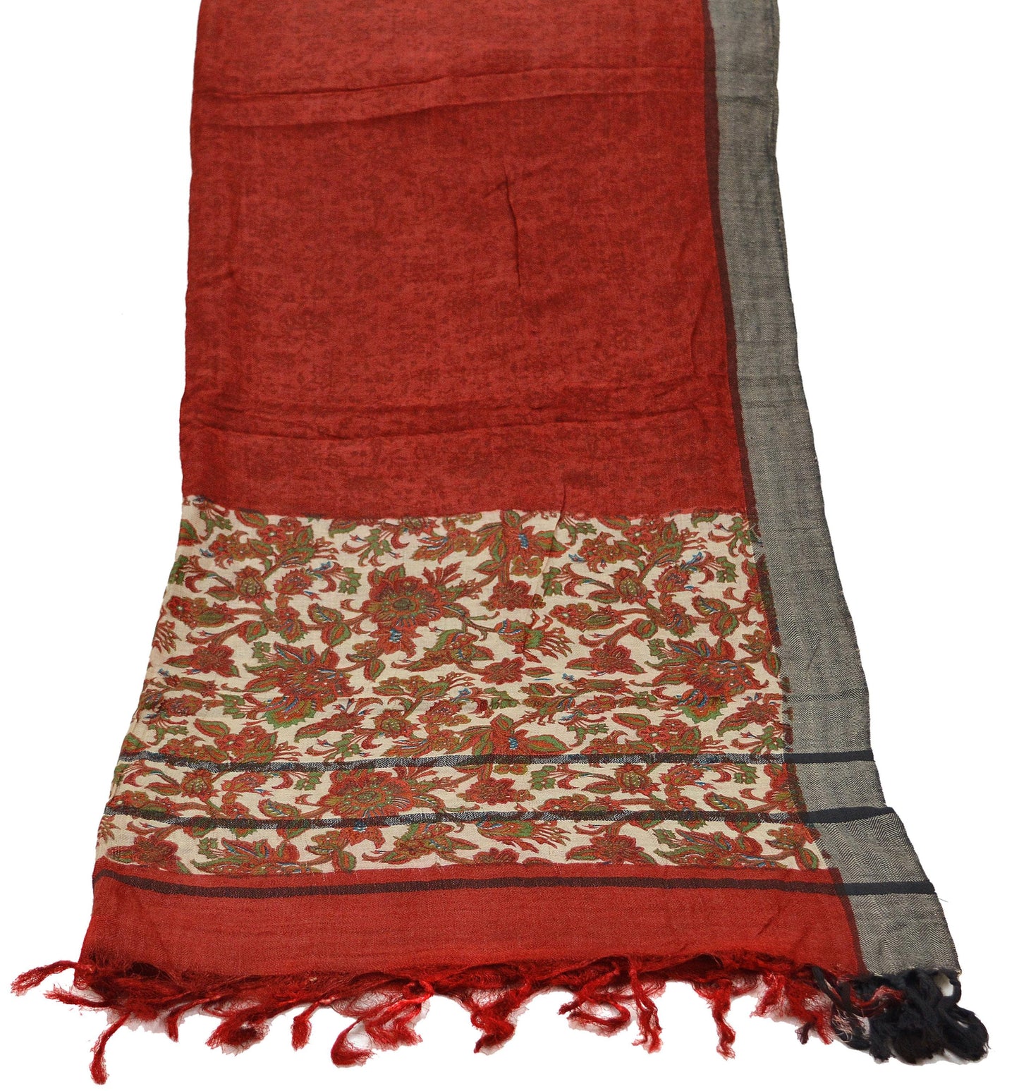 Vintage Indian Red & Beige Long Stole Woolen Scarf Dupatta Infinity Scarves Printed Sarong Wrap Craft Fabric Veil Woman Hijab Shawl