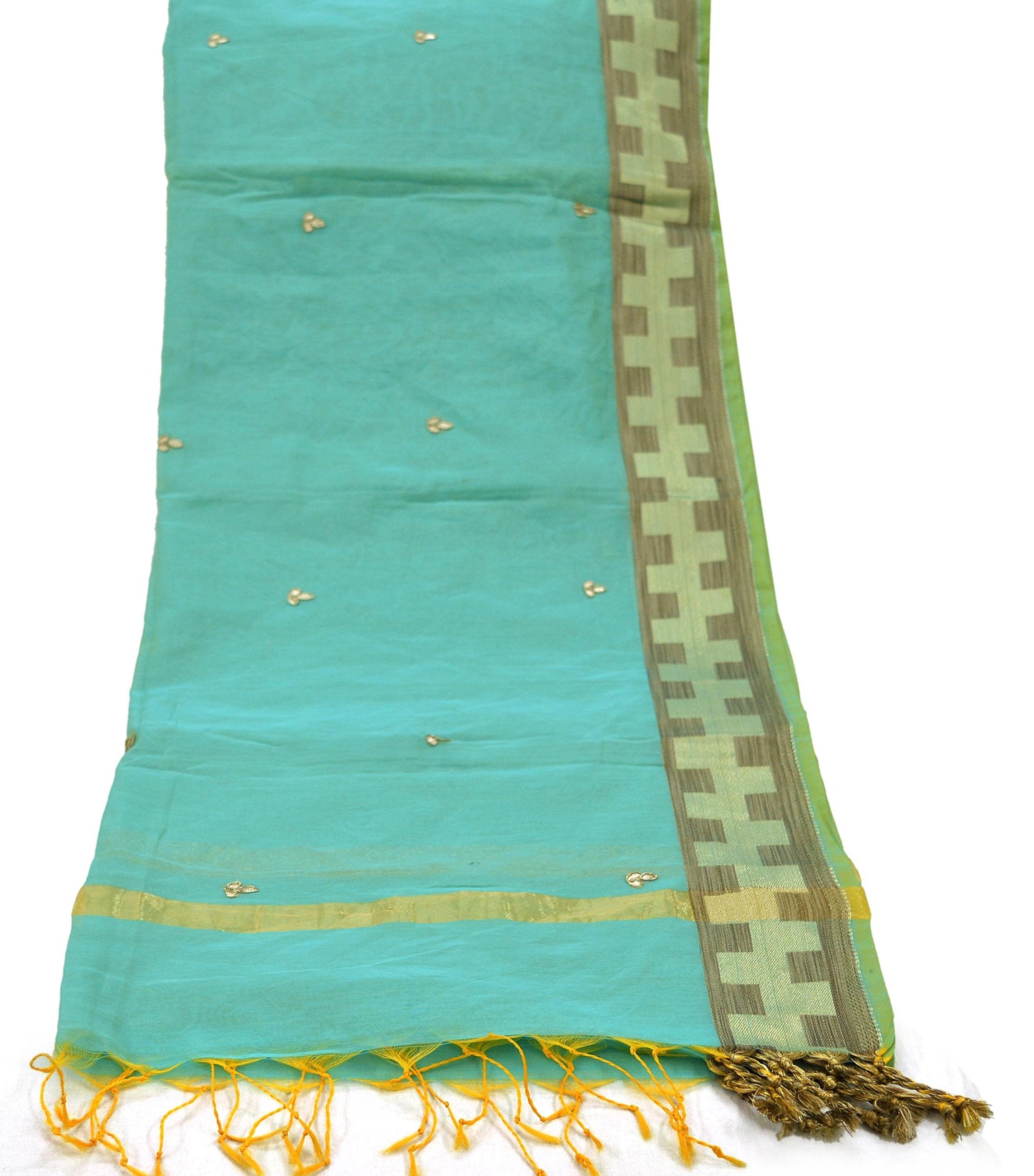 Indian Vintage Green Dupatta Long Stole Embroidered Chanderi Scarves Veil Golden Zari Soft Fringes Zardozi/ Dabka