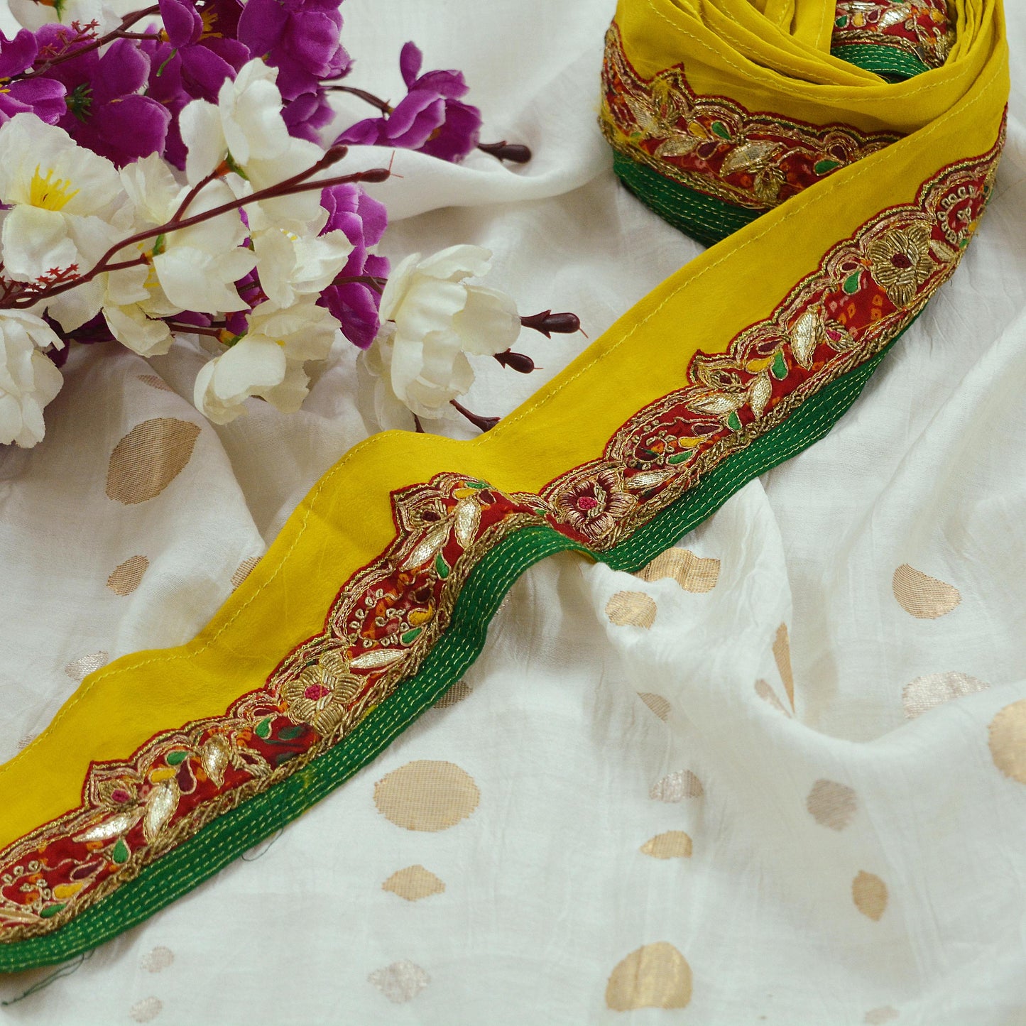 Indian Vintage Yellow Sari Border Hand Embroidered 1yd Craft Trim Lace Sewing Sari Ribbon Pure Crepe silk  Zardozi/Dabka Zari