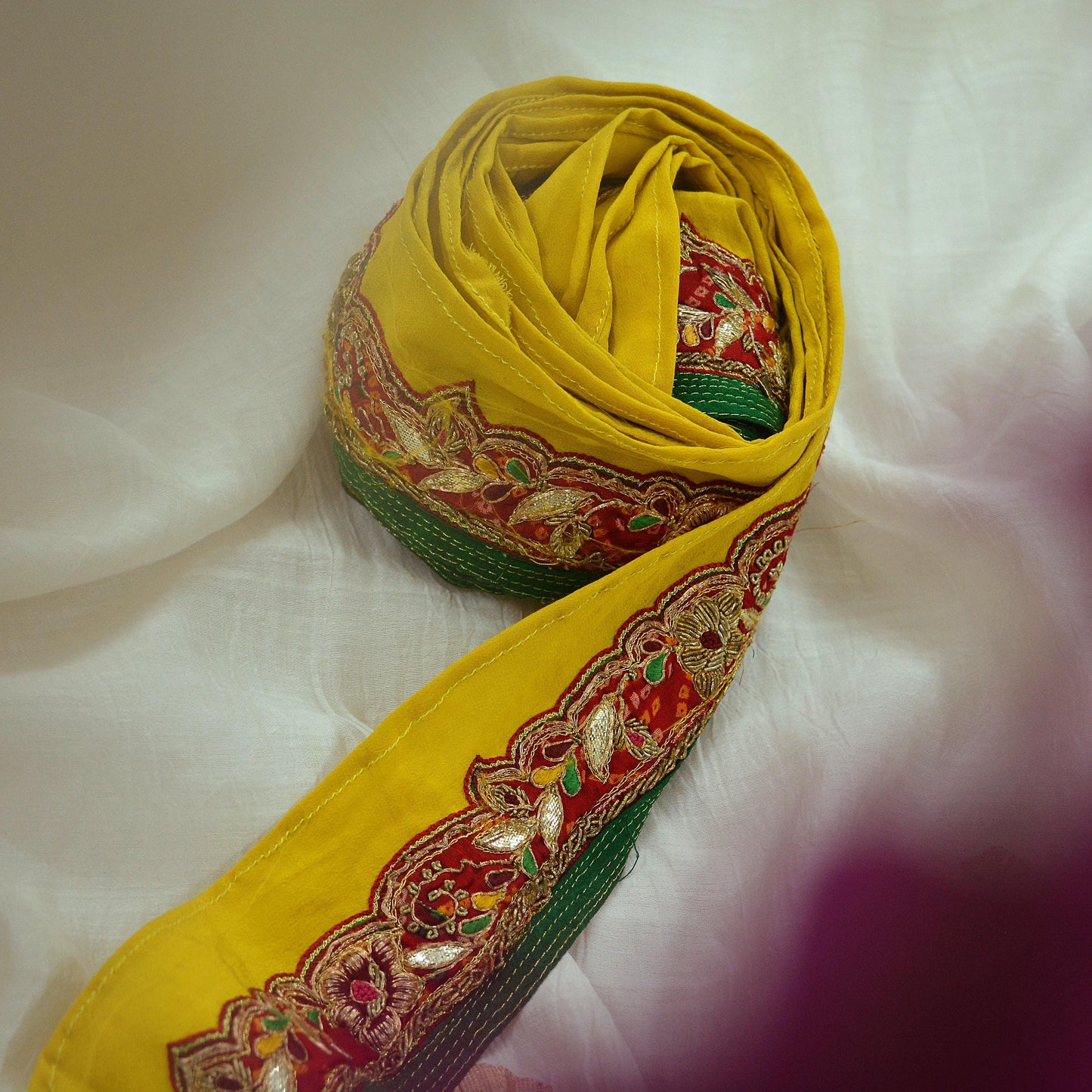 Indian Vintage Yellow Sari Border Hand Embroidered 1yd Craft Trim Lace Sewing Sari Ribbon Pure Crepe silk  Zardozi/Dabka Zari