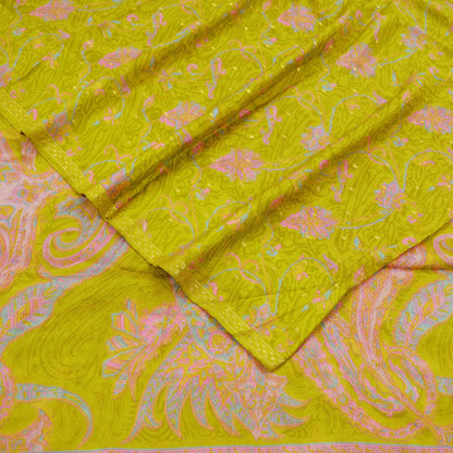 Indian Vintage Sari Green Pure Silk Printed Saree 5yd Sewing Craft Fabric Dress Making  Soft Wrap Upcycle Used Quilting Crafting Zari Border