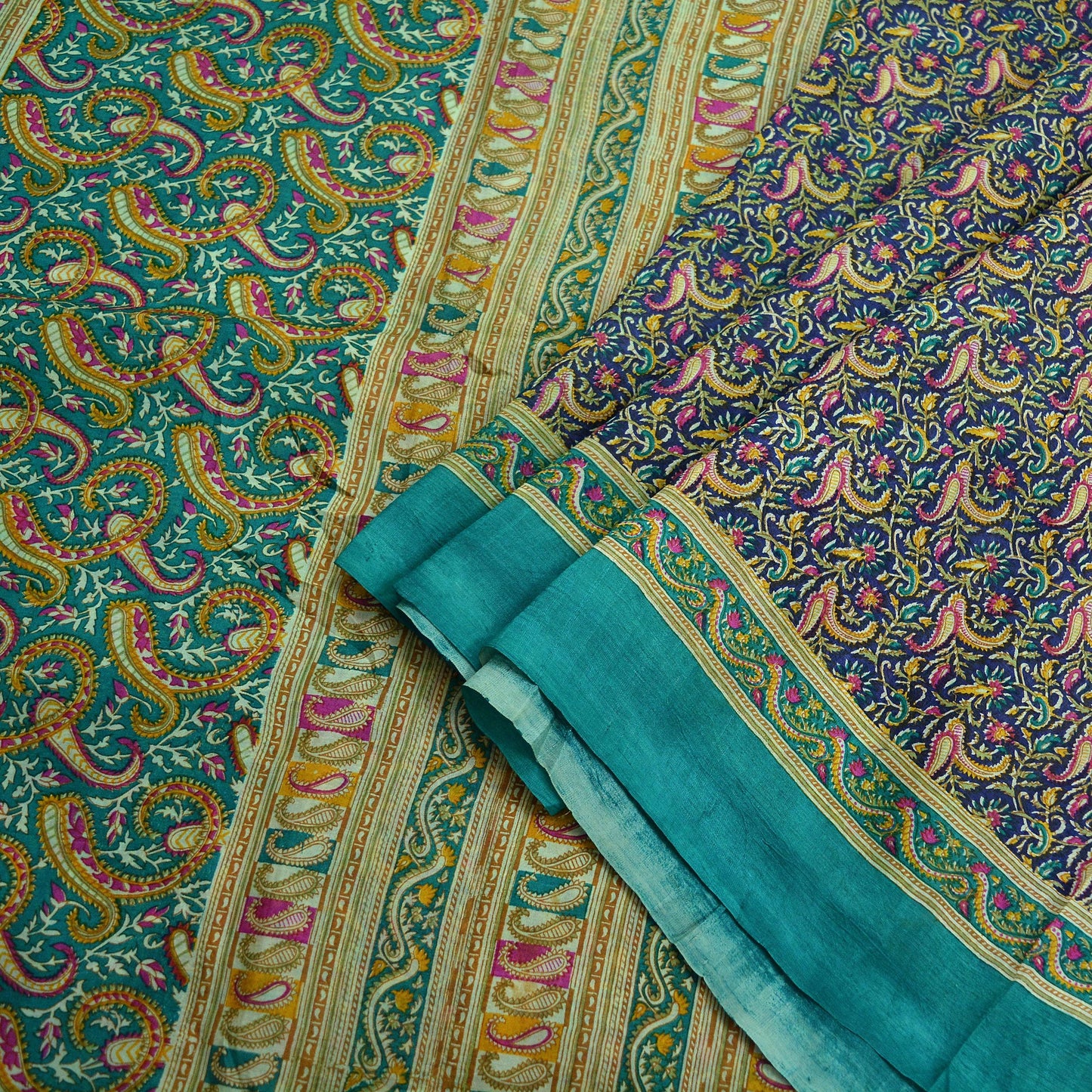 Indian Vintage Sari Green & Blue 100% Pure Silk Printed Sarees 5yd Sewing Craft Fabric Dress Making Soft Wrap Crafting Quilting Upcycle