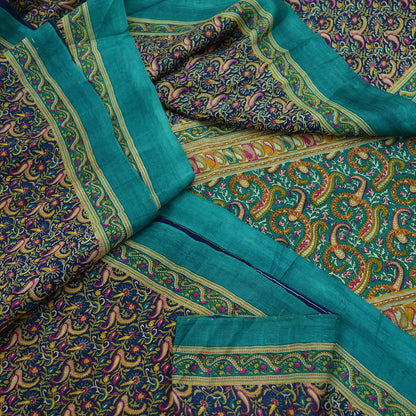 Indian Vintage Sari Green & Blue 100% Pure Silk Printed Sarees 5yd Sewing Craft Fabric Dress Making Soft Wrap Crafting Quilting Upcycle