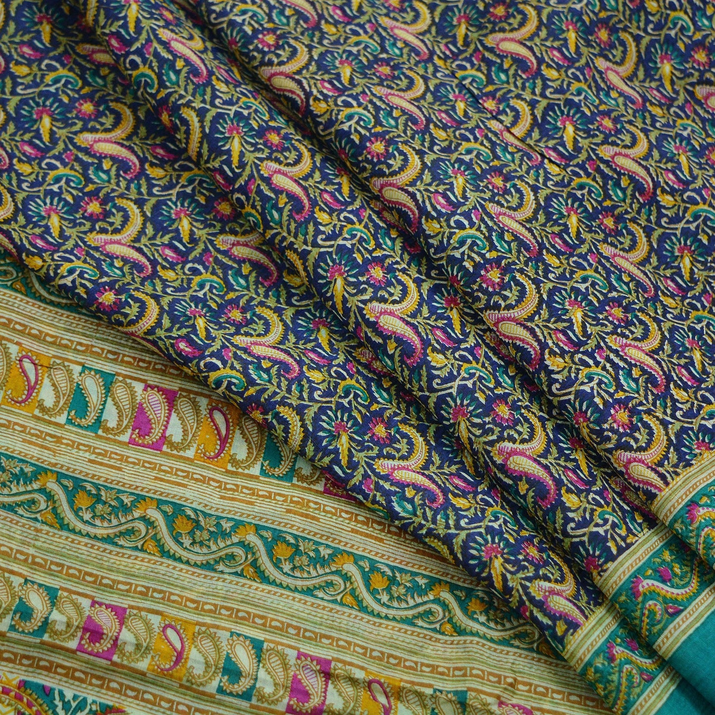 Indian Vintage Sari Green & Blue 100% Pure Silk Printed Sarees 5yd Sewing Craft Fabric Dress Making Soft Wrap Crafting Quilting Upcycle