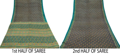 Indian Vintage Sari Green & Blue 100% Pure Silk Printed Sarees 5yd Sewing Craft Fabric Dress Making Soft Wrap Crafting Quilting Upcycle