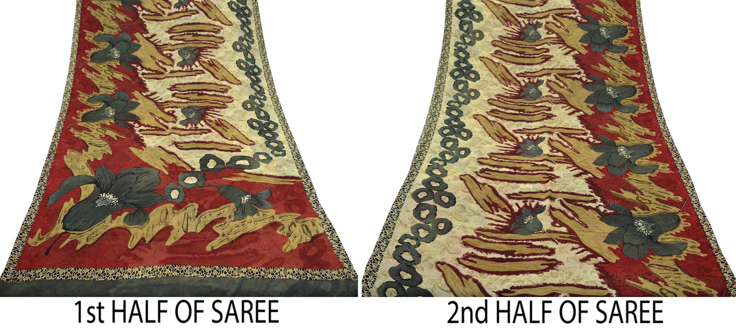 Women Vintage Sari Beige & red Pure Georgette Silk Block Printed Saree Craft Fabric Sewing 5Yd Soft Dress Making Quilting Crafting Upcycle