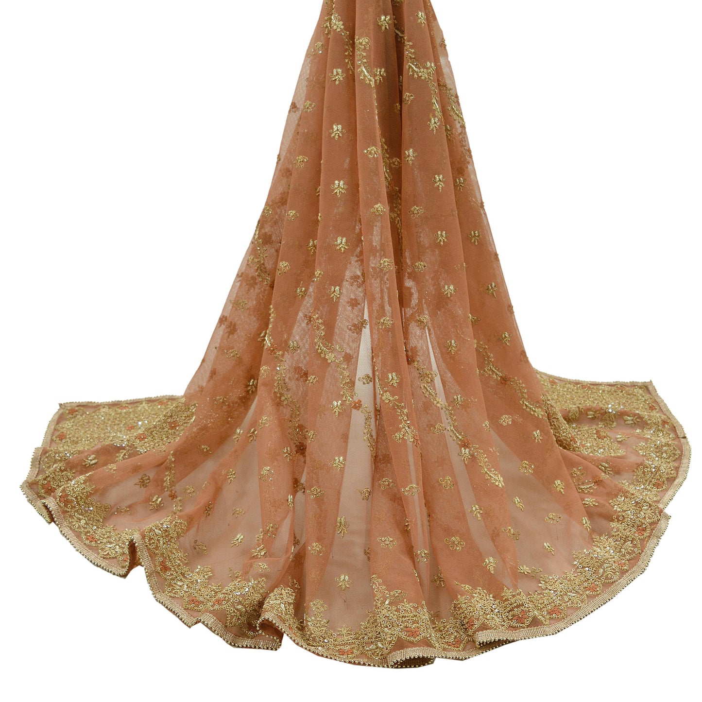 Indian Vintage Heavy Peach Dupatta Net Mesh Long Stole Hand Embroidered Scarf Zardozi Zari Glass Wedding/ Bridal Veil Hijab Scarves