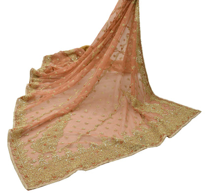 Indian Vintage Heavy Peach Dupatta Net Mesh Long Stole Hand Embroidered Scarf Zardozi Zari Glass Wedding/ Bridal Veil Hijab Scarves