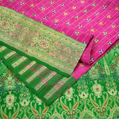 Vintage Sari Rani Pink & Green Heavy Pure Satin Silk Woven Banarasi Brocade Saree Golden Zari 5Yd Dress making Bridal/wedding Sari Crafting