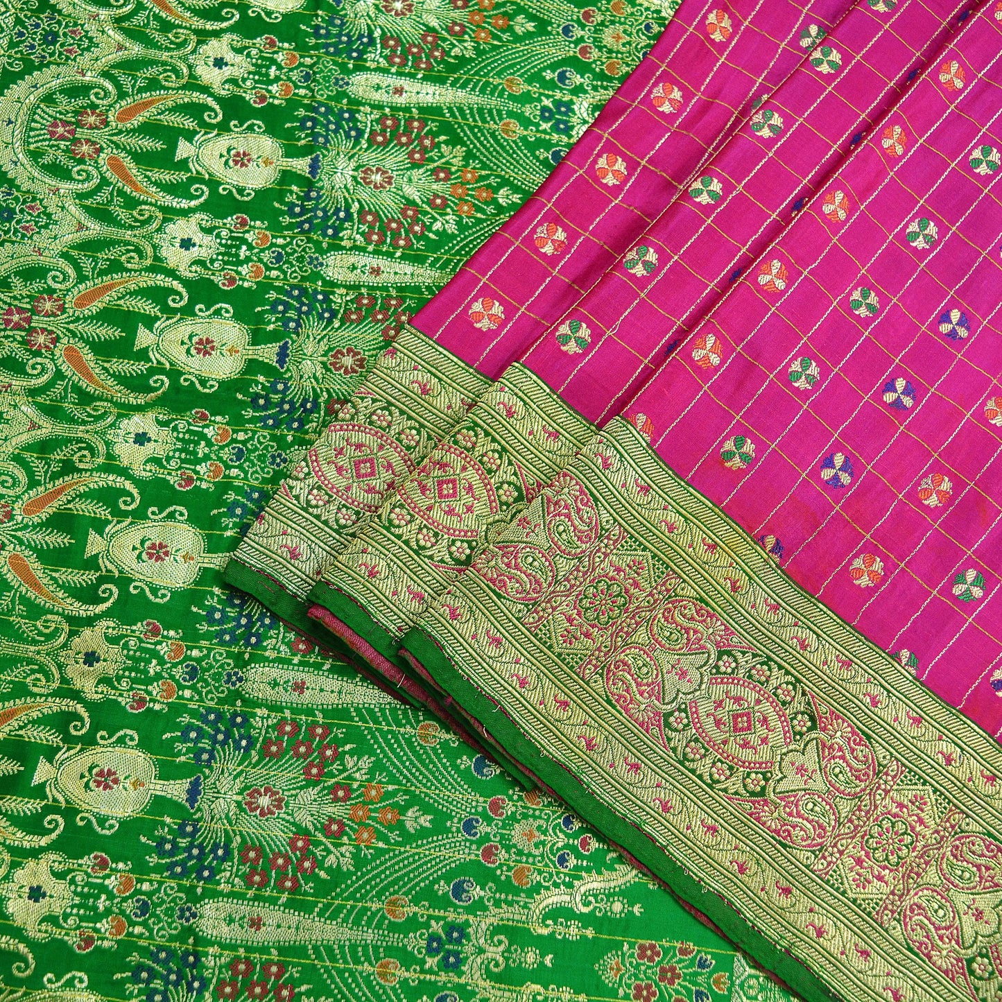 Vintage Sari Rani Pink & Green Heavy Pure Satin Silk Woven Banarasi Brocade Saree Golden Zari 5Yd Dress making Bridal/wedding Sari Crafting