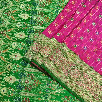 Vintage Sari Rani Pink & Green Heavy Pure Satin Silk Woven Banarasi Brocade Saree Golden Zari 5Yd Dress making Bridal/wedding Sari Crafting