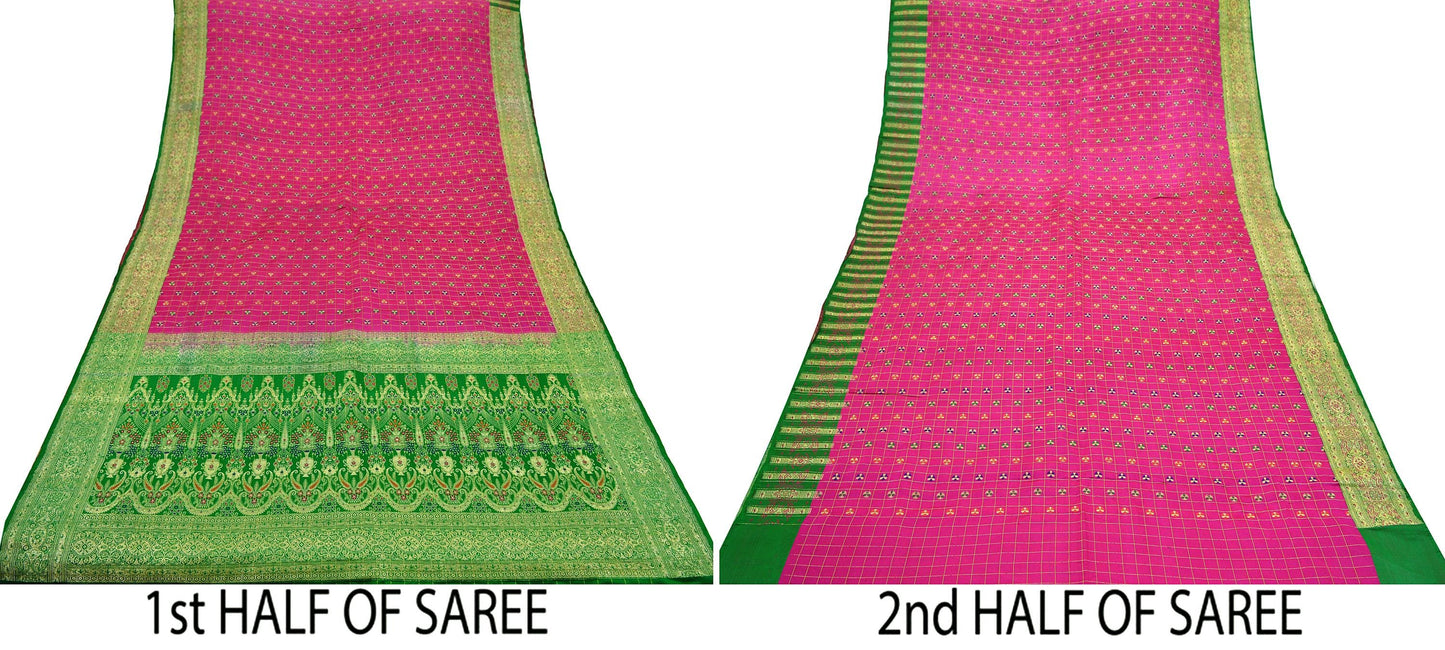 Vintage Sari Rani Pink & Green Heavy Pure Satin Silk Woven Banarasi Brocade Saree Golden Zari 5Yd Dress making Bridal/wedding Sari Crafting