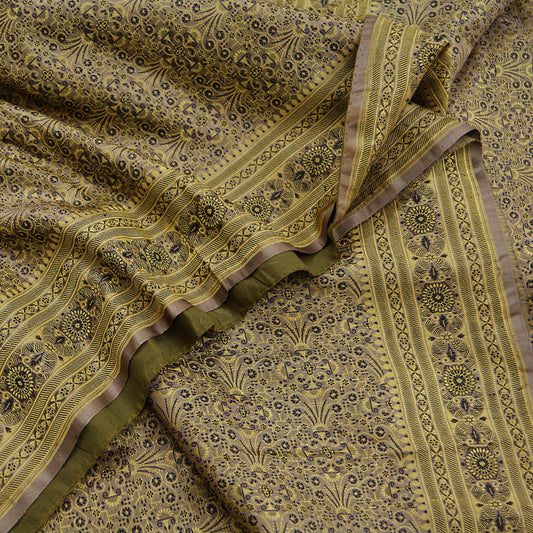 Indian Vintage Sari Brown Heavy Pure Satin Silk Woven Tanchoi Saree Craft Fabric Floral 5Yd Soft Dress making Crafting Quilting Upcycle