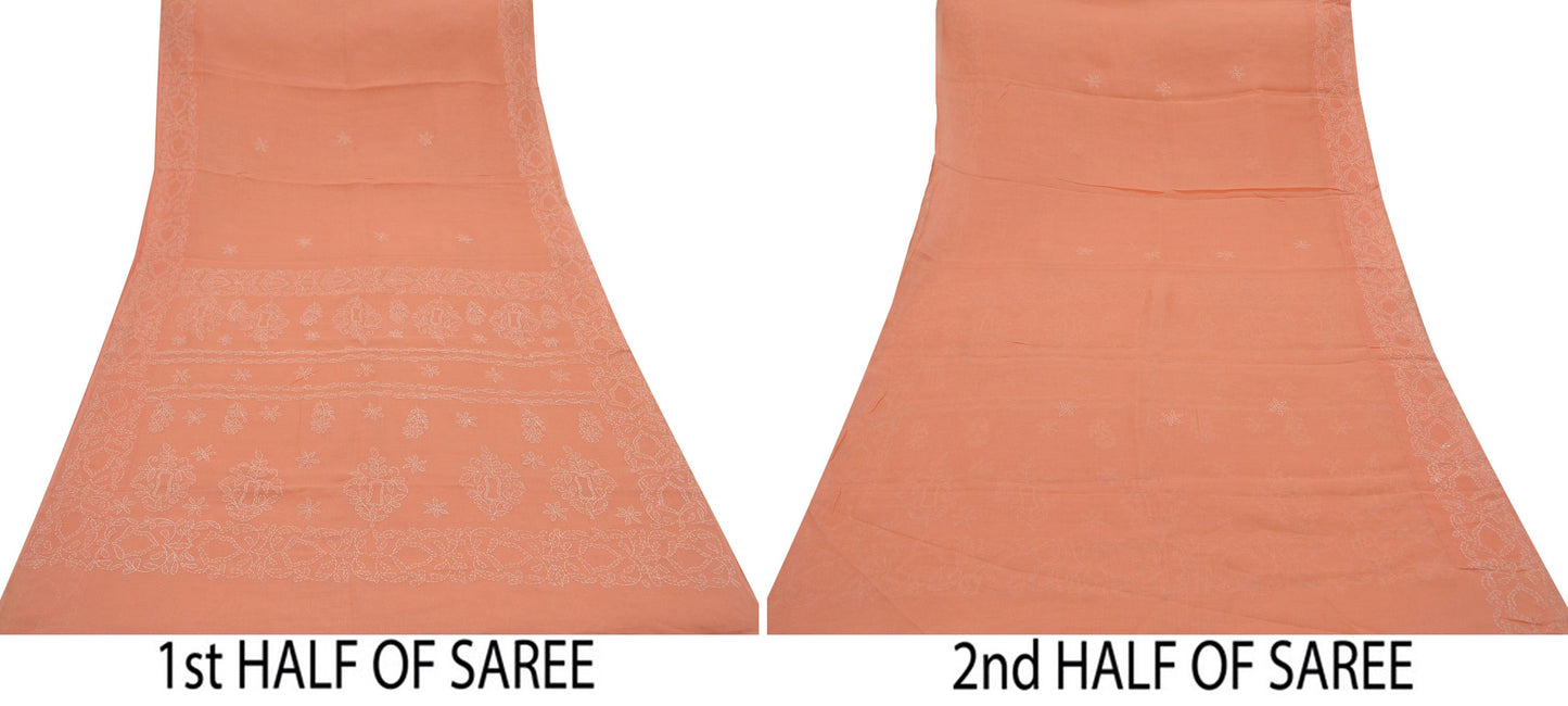 Indian Vintage Sari Cotton Orange Handmade Chikankari Saree Craft Fabric 5Yd Ethnic Floral Dress making Crafting Quilting Upcycle Sarong