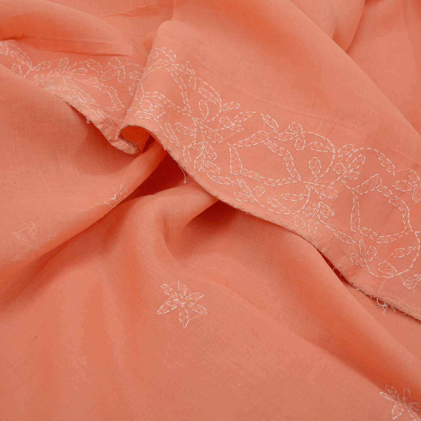 Indian Vintage Sari Cotton Orange Handmade Chikankari Saree Craft Fabric 5Yd Ethnic Floral Dress making Crafting Quilting Upcycle Sarong