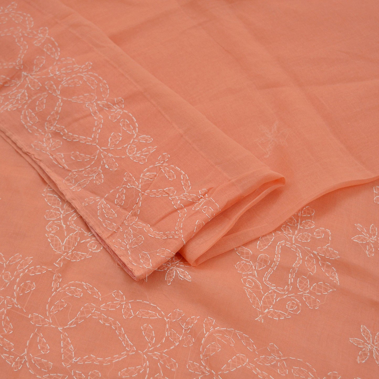 Indian Vintage Sari Cotton Orange Handmade Chikankari Saree Craft Fabric 5Yd Ethnic Floral Dress making Crafting Quilting Upcycle Sarong