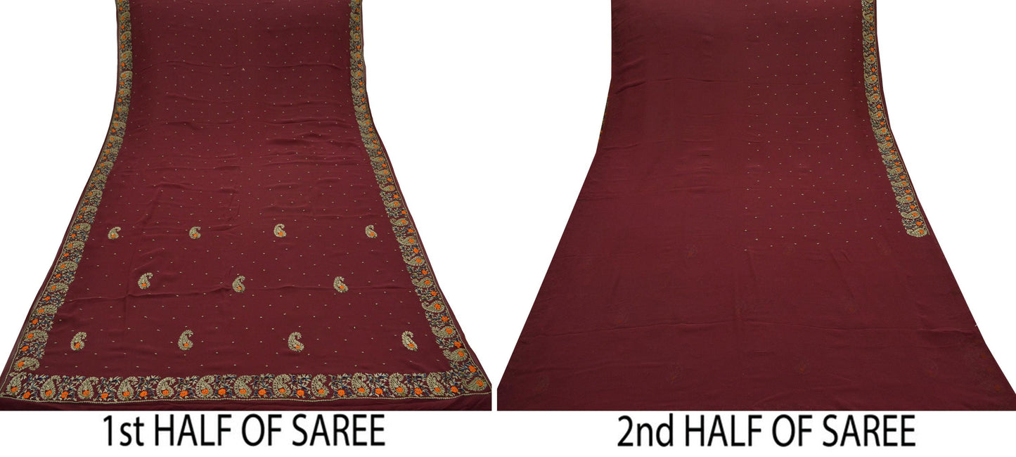 Indian Vintage Sari Maroon Hand Embroidered Pure Georgette Silk Sarees Craft Fabric 5Yd Sequins Wedding Sarees Quilting Crafting Upcycle