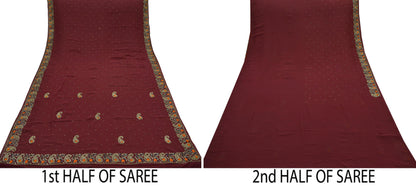 Indian Vintage Sari Maroon Hand Embroidered Pure Georgette Silk Sarees Craft Fabric 5Yd Sequins Wedding Sarees Quilting Crafting Upcycle